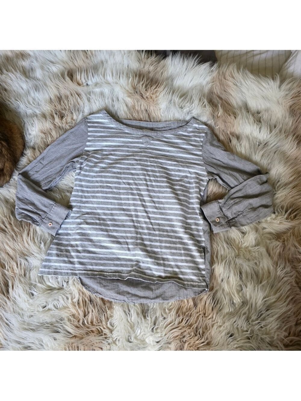 Anthropologie Gray White Striped Mixed Media Blouse